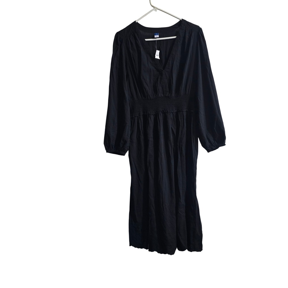 Old Navy Midi Dress Women XL Black Eyelet Embroidered Smocked V-Neck Long Sleeve